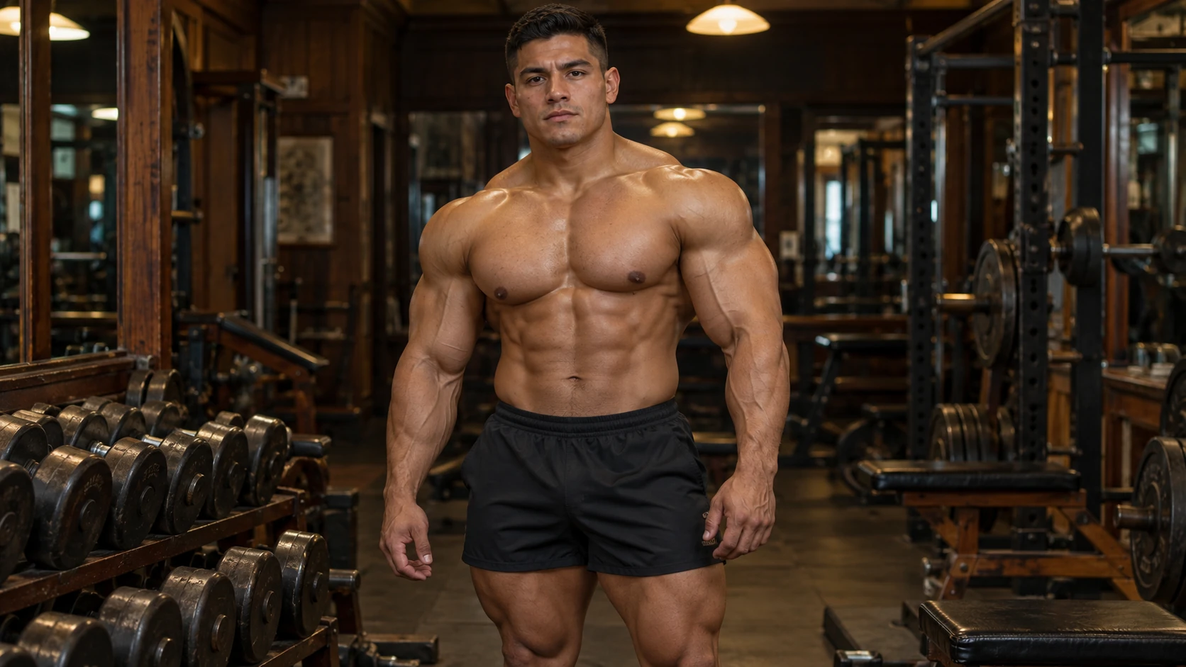Adult bodybuilder standing beside dumbbells in a traditional weight room